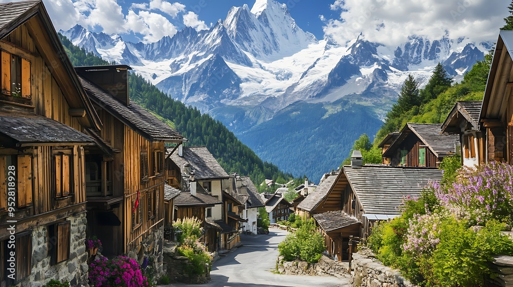 A picturesque alpine village with traditional chalets, surrounded by snow-capped mountains and pine forests A picturesque alpine village with traditional chalets, surrounded by snow-capped mountains and pine forests