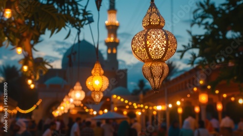 Bustling outdoor market at night, illuminated by colorful hanging lanterns with blurred figures shopping and walking under festive lights.