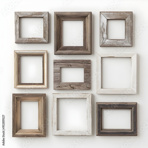 Rustic Wooden Wall Frames Arranged on Plain White Surface with Unique Textures and Vintage Charm