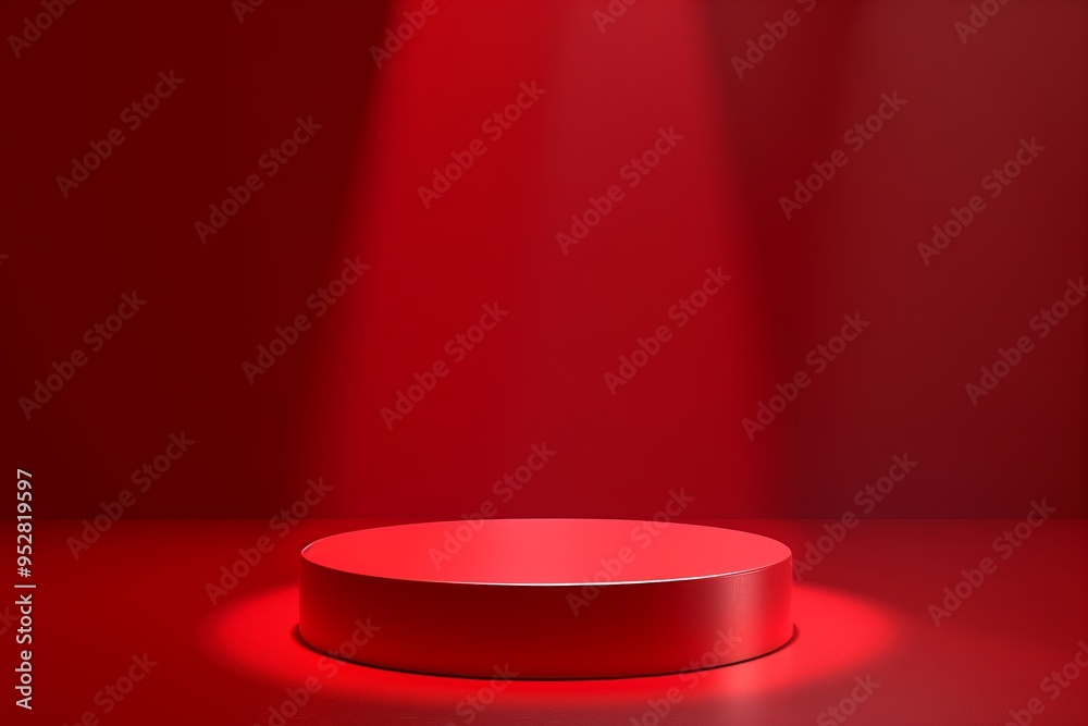 © Kristina - Minimal red podium for christmas product display. Color round pedestal placed on studio floor. 3D shaded, light from top. Red Spot Light in background © Kristina - Minimal red podium for christmas product display. Color round pedestal placed on studio floor. 3D shaded, light from top. Red Spot Light in background