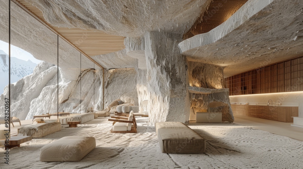 A warm, cozy space is created by textured walls made from natural materials and wood wall panels, with rustic furniture and a large rug illuminated by a glass door. A warm, cozy space is created by textured walls made from natural materials and wood wall panels, with rustic furniture and a large rug illuminated by a glass door.