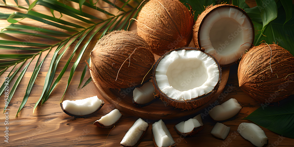 Pile of Fresh Coconut Fruits with Half-Cut Coconuts – Tropical Delicacy and Healthy Snacks Pile of Fresh Coconut Fruits with Half-Cut Coconuts – Tropical Delicacy and Healthy Snacks