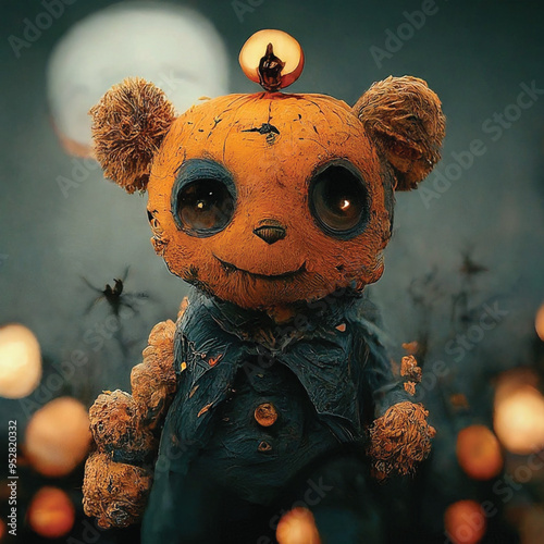 There is a teddy bear dressed up as a witch with pumpkins generative ai