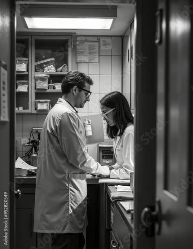 A man and a woman in a lab coat standing in a kitchen