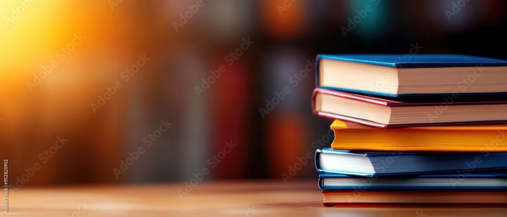 Stack of colorful books on a wooden table with a blurred background, ideal for educational and reading themes. Stack of colorful books on a wooden table with a blurred background, ideal for educational and reading themes.