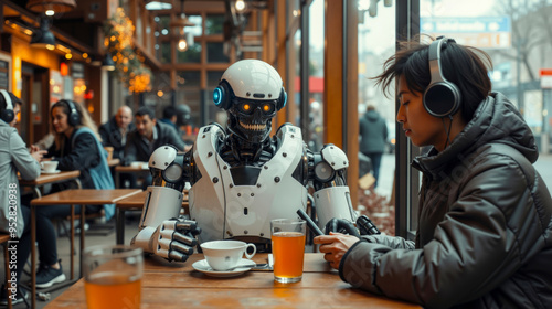 A woman sitting at a table with a robot in front of her