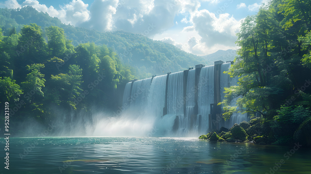 Fototapeta premium Powerful Hydroelectric Dam with Water Gushing Through – Renewable Energy Generation