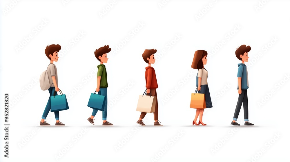 Group of diverse cartoon characters walking with shopping bags, representing a variety of shoppers in a minimalist and clean design on a white background Group of diverse cartoon characters walking with shopping bags, representing a variety of shoppers in a minimalist and clean design on a white background