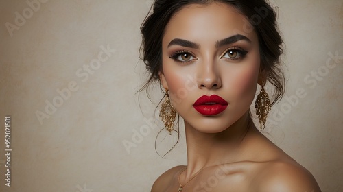 "Hermosa mujer maquillada, destacando con labios rojos vibrantes, mirada intensa y expresión elegante. Una imagen que captura la confianza y el glamour en su máxima expresión."