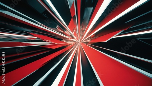 Fototapeta Naklejka Na Ścianę i Meble -  Abstract red, white, and black striped tunnel with a perspective view.