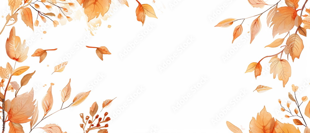 Autumn leaves border a white background presentation design. Pastel color and hand drawn in a watercolor style. The minimalist design, soft colors. Coloured sale backdrop. Frame design for menu card Autumn leaves border a white background presentation design. Pastel color and hand drawn in a watercolor style. The minimalist design, soft colors. Coloured sale backdrop. Frame design for menu card