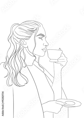 Fotografía illustration d'une femme qui bois du café, dessin ligne