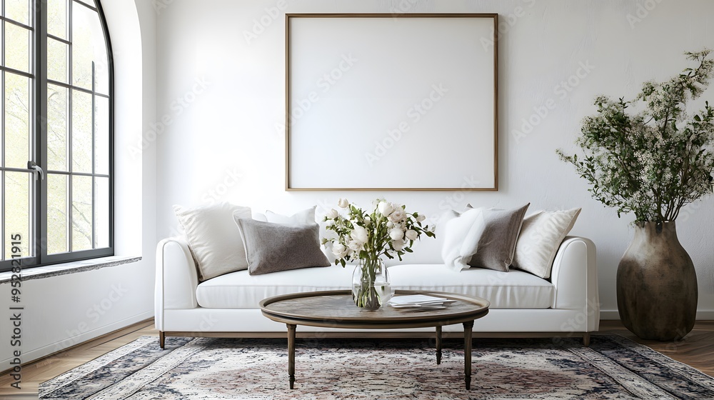 Fototapeta premium A modern living room featuring a white sofa, a vintage coffee table, an arched window, and a large, empty art poster frame, with a patterned rug beneath the coffee table and a vase of fresh flowers