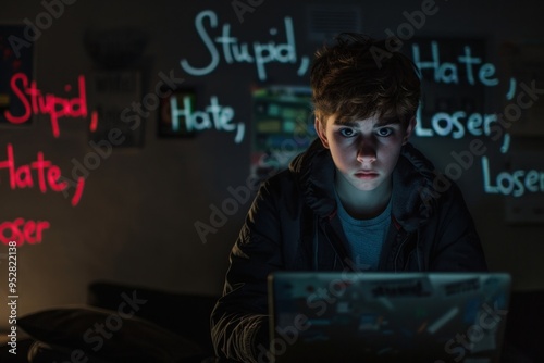 A young boy sits in the dark, illuminated by the harsh glow of his laptop, with hurtful words like 