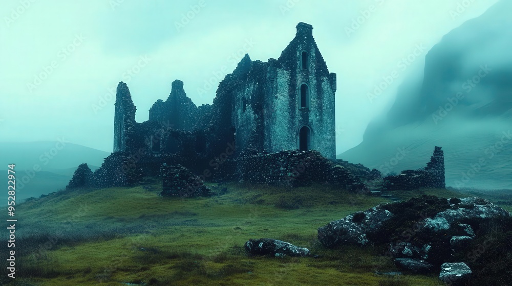 4K Detail Realistic Mystical Scottish Highlands, ancient castle ruins ...