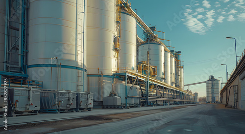 Row of Large White Silos – Industrial Storage Solutions for Agriculture and Grain