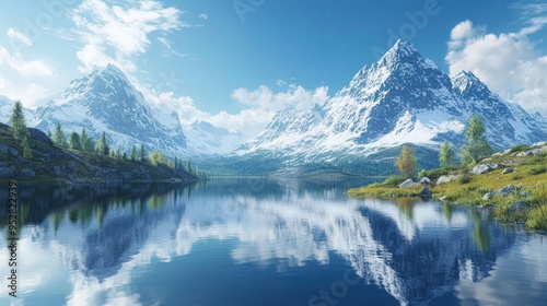 4K Detail Realistic Majestic snow-capped mountains reflecting in crystal clear lake,