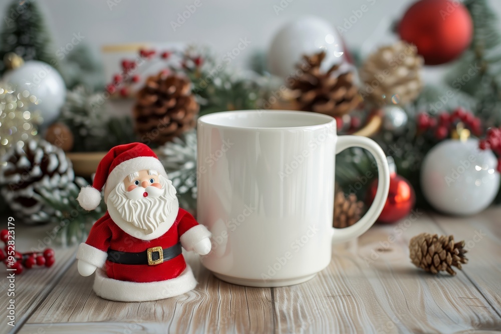 White ceramic tea mug mockup with Santa toy, winter x-mas decorations and copy space for your imprint. Front view 10oz cup background for Christmas promotional conten White ceramic tea mug mockup with Santa toy, winter x-mas decorations and copy space for your imprint. Front view 10oz cup background for Christmas promotional conten