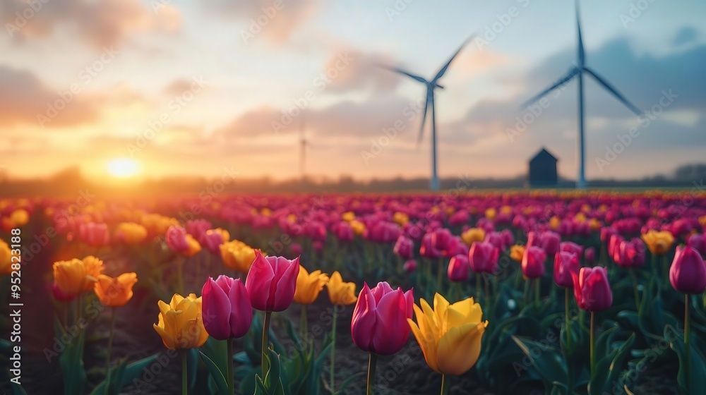 Obraz premium 4K Detail Realistic Vibrant tulip fields of Netherlands, windmills in background,