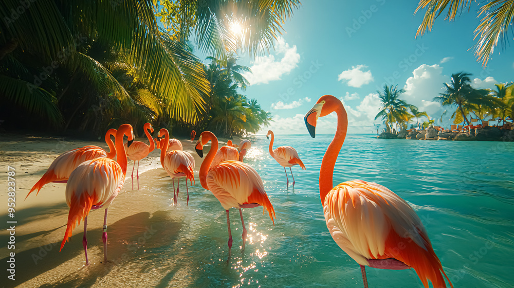 Fototapeta premium Flamingo in the lagoon on a sunny day. 3d rendering