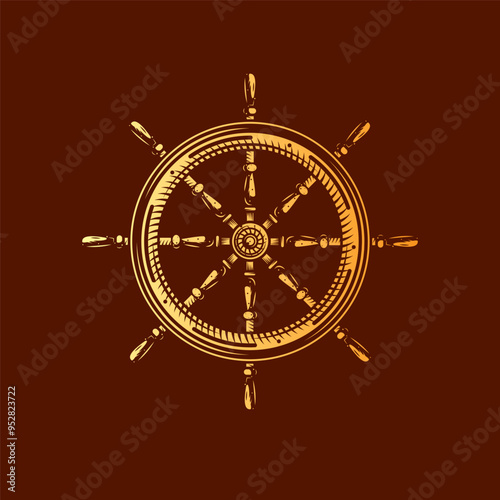 Wooden steering wheel. Old steering wheel with handles for steering a pirate boat and a cruise yacht. Original vector illustration in vintage style isolated on red background. T-shirt design.