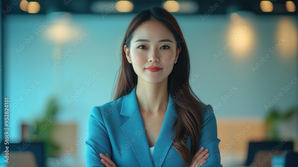 Naklejka premium a strong asian female leader leading a training session for employees in a vibrant conference room, highlighting business growth and development