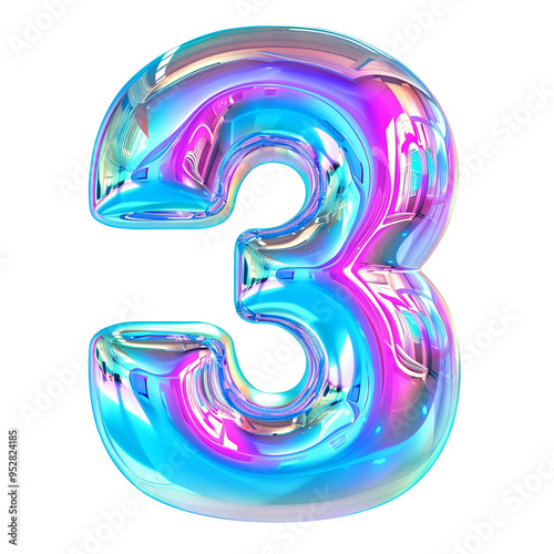 hologram glass glossy 3 number alphabet Realistic 3D on white background. Generative AI