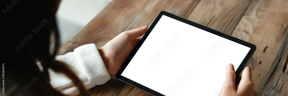 Obraz premium Asian woman using a digital tablet with a blank screen and keyboard for promotional purposes.