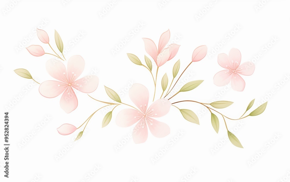 Naklejka premium Elegant watercolor floral illustration with soft pink flowers and green leaves on a white background, perfect for designs and invitations.