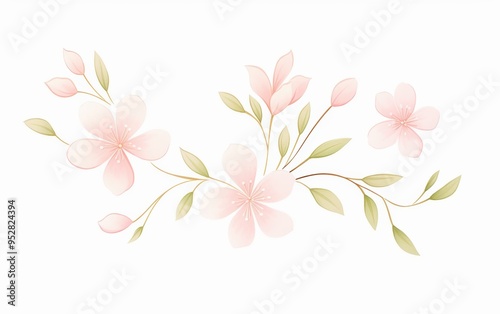 Elegant watercolor floral illustration with soft pink flowers and green leaves on a white background, perfect for designs and invitations.