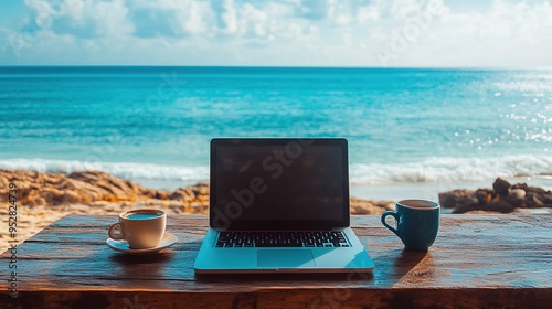 digital nomad working remotely from a beachside cafa , with a laptop open, a cup of coffee nearby, and a serene ocean view in the background photo