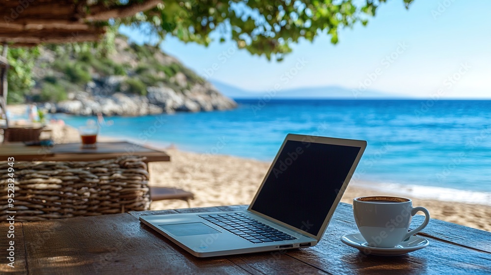 digital nomad working remotely from a beachside cafa , with a laptop open, a cup of coffee nearby, and a serene ocean view in the background