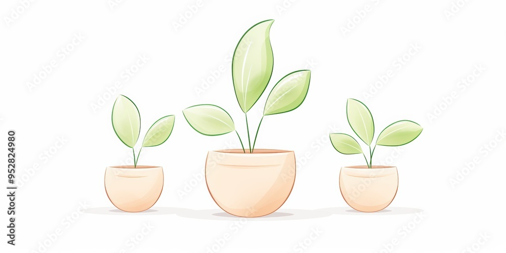 Illustration of three potted plants with green leaves on a white background, symbolizing growth and nature in soft pastel colors. Illustration of three potted plants with green leaves on a white background, symbolizing growth and nature in soft pastel colors.