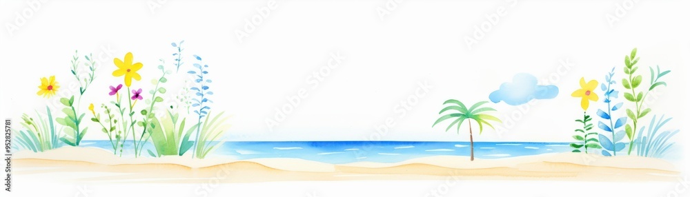 Watercolor beach scene illustration with palm tree, flowers and ocean view. Perfect for summer and tropical themed designs. Watercolor beach scene illustration with palm tree, flowers and ocean view. Perfect for summer and tropical themed designs.