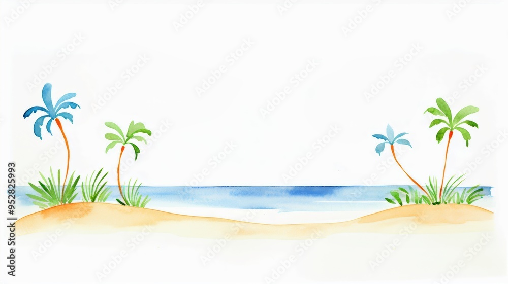 Watercolor painting of a serene beach scene with palm trees, golden sand, and calm ocean waves, perfect for summer and vacation themes. Watercolor painting of a serene beach scene with palm trees, golden sand, and calm ocean waves, perfect for summer and vacation themes.