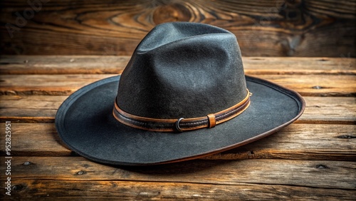 Traditional wide-brimmed black felt hat with straw interior and simple leather strap, symbolic of traditional rural community attire, rests on a rustic wooden table. photo