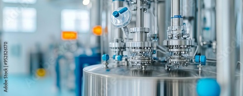 Close-up of a bioreactor used for large-scale biopharmaceutical manufacturing, drug production, bioprocessing photo