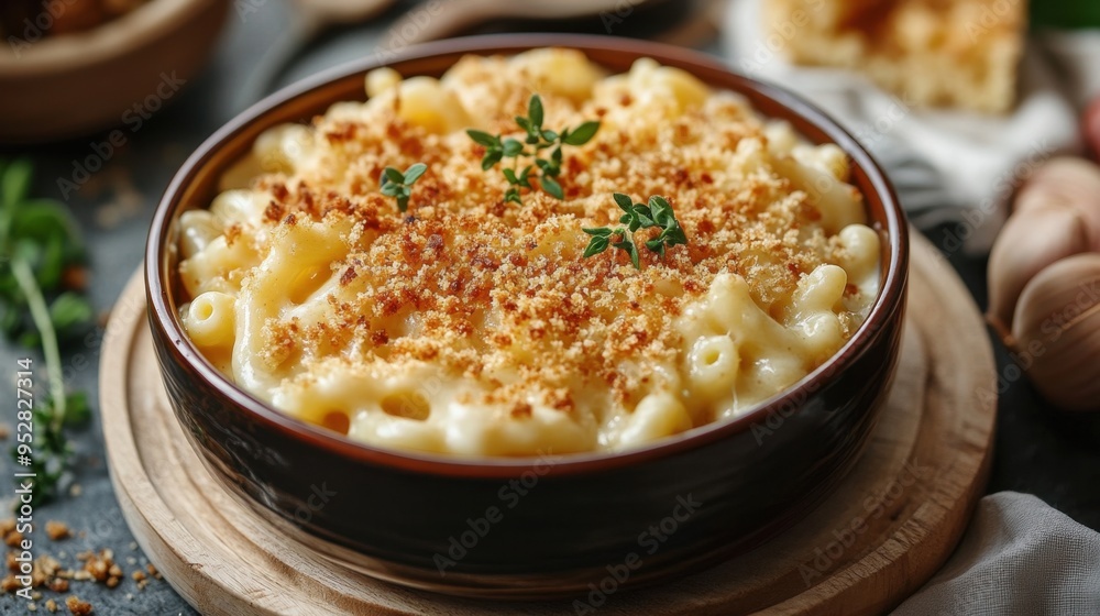 a cozy image displaying a creamy macaroni and cheese bowl with breadcrumbs, capturing the essence of fall comfort food a cozy image displaying a creamy macaroni and cheese bowl with breadcrumbs, capturing the essence of fall comfort food