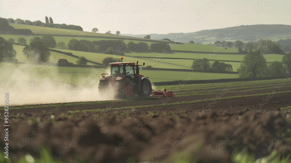 Fototapeta premium Tractor Plowing a Field in England with Rolling Hills – Scenic Agricultural Landscape