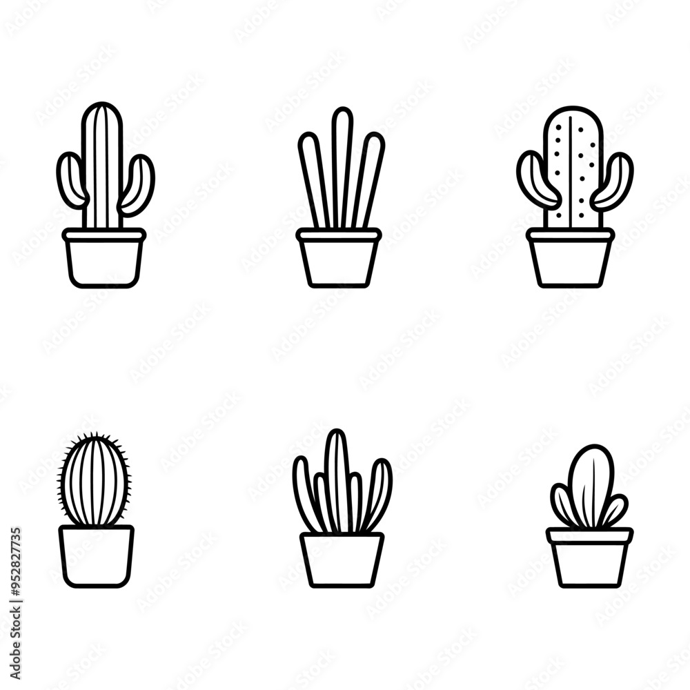 simple vector line art icons, cactus in pots isolated on a white background. simple vector line art icons, cactus in pots isolated on a white background.