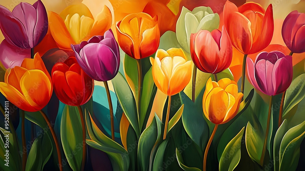 Vibrant Tulips with a Lush Green Background Vibrant Tulips with a Lush Green Background
