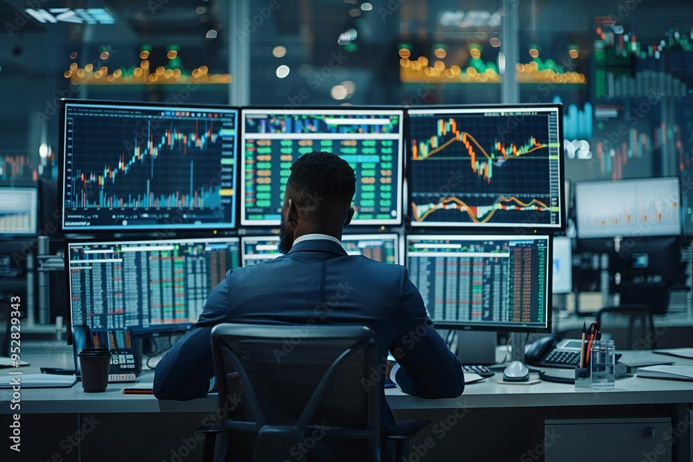 Fototapeta premium African American stock market broker analyzing graphs on multiple screens in trading office.