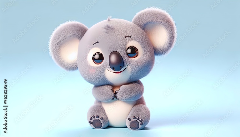 Adorable 3D cartoon koala with big eyes sitting against a blue background. Adorable 3D cartoon koala with big eyes sitting against a blue background.