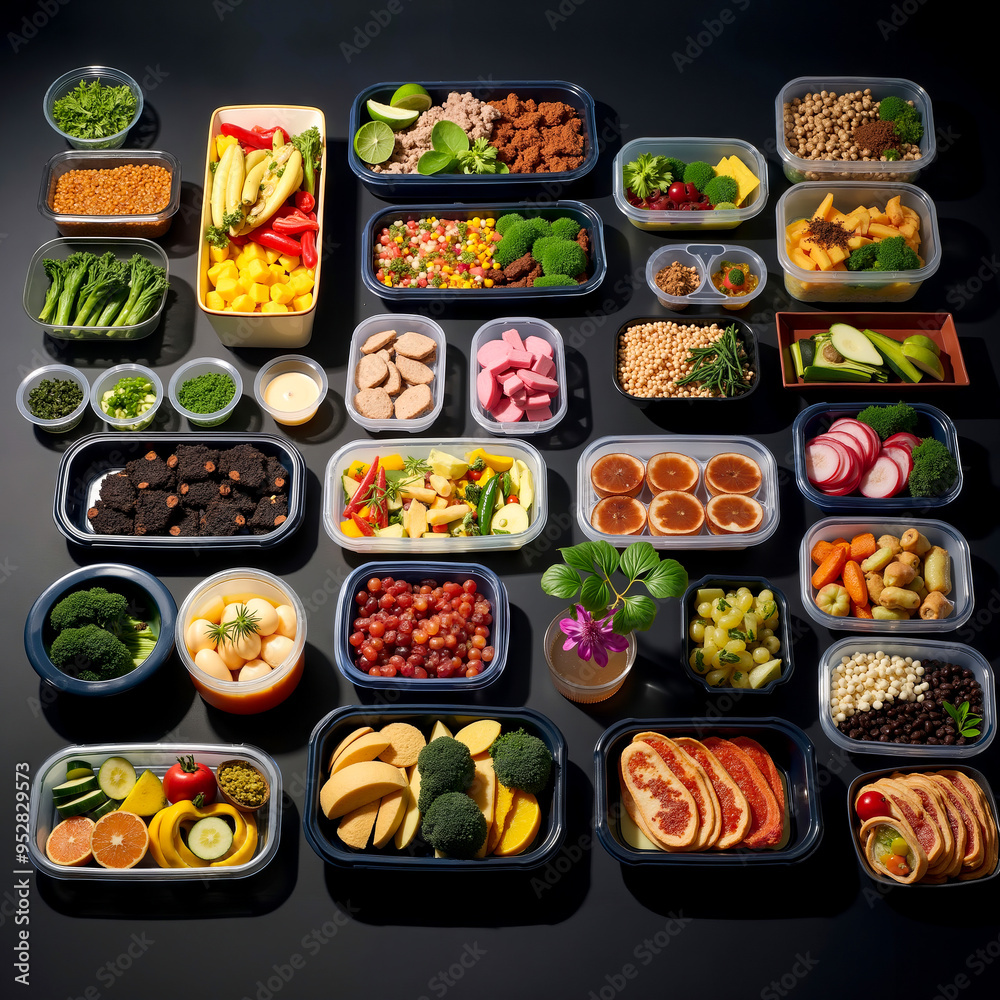 A variety of plastic containers filled with different types of food A variety of plastic containers filled with different types of food