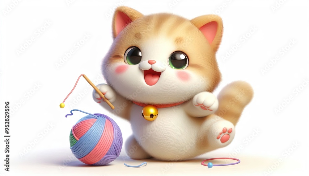 Adorable 3D cartoon kitten playing with yarn, isolated on white background. Adorable 3D cartoon kitten playing with yarn, isolated on white background.