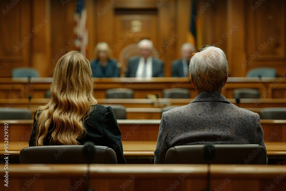 photo of a couple sitting in front of a judge during a divorce mediation session. photo of a couple sitting in front of a judge during a divorce mediation session.