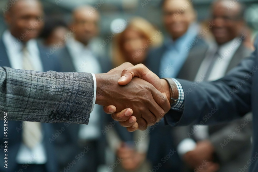 diverse group of businesspeople shaking hands in an office after finishing up a successful meeting.