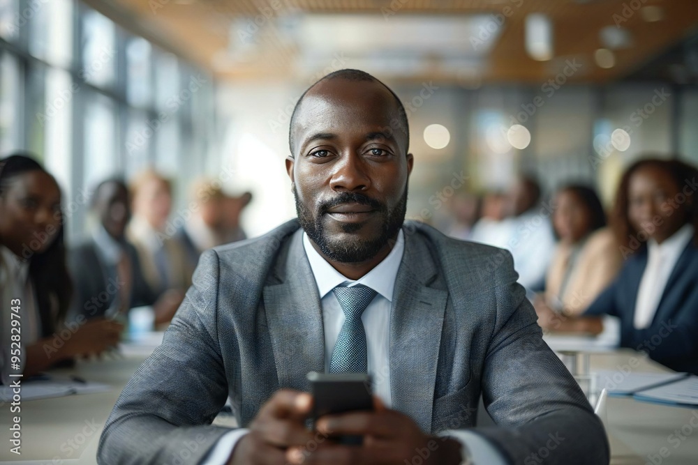 African American businessman using mobile phone in a conference room meeting with diverse team members. African American businessman using mobile phone in a conference room meeting with diverse team members.