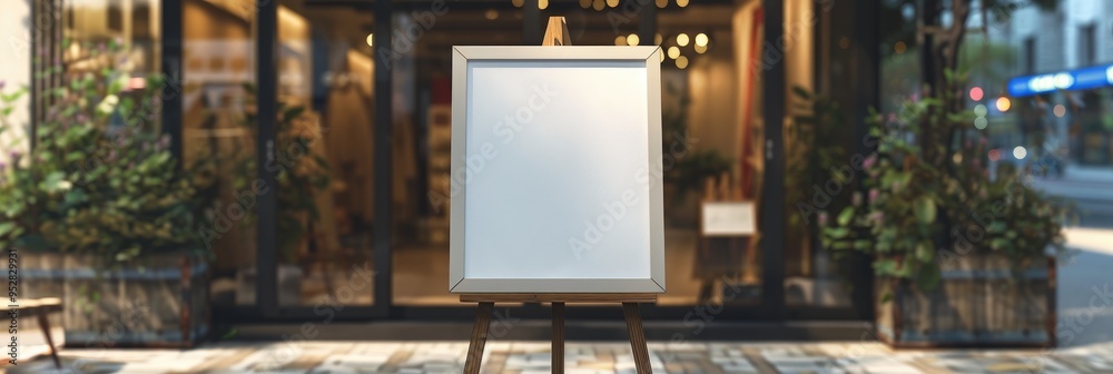 Blank Canvas on Easel with Space for Text in Front of Shop Blank Canvas on Easel with Space for Text in Front of Shop