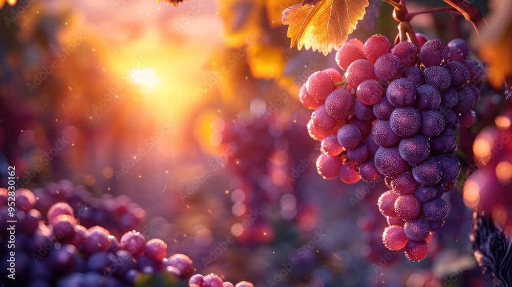 Close up of grapes in a vineyard, with the warm light of a sunset in the background. Close up of grapes in a vineyard, with the warm light of a sunset in the background.